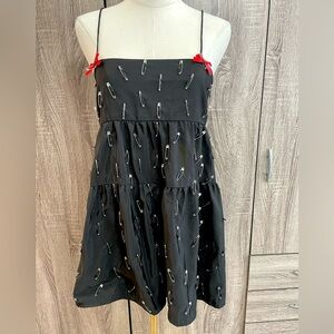 H&M Black Baby Doll Spaghetti Strap Black Dress with Red Bows & Paperclips!! XS